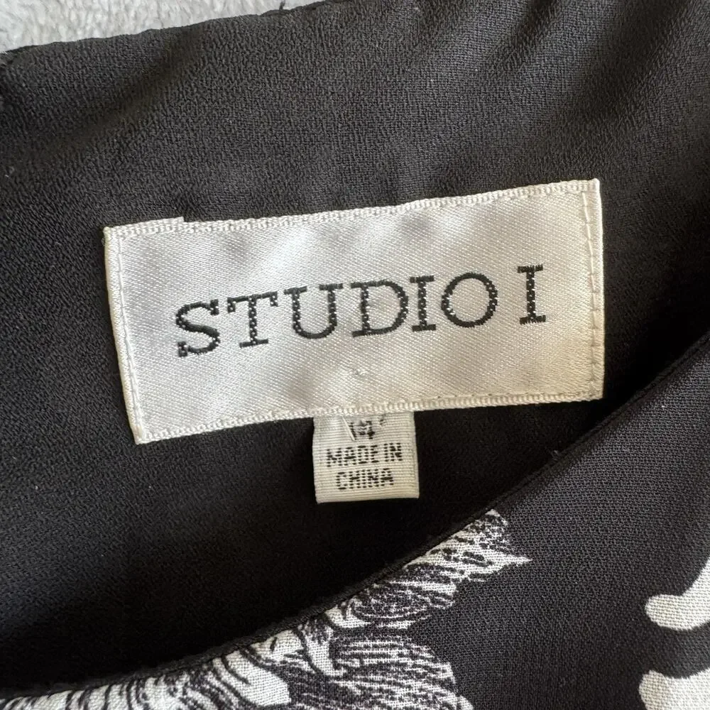Studio I Women’s Black White Floral Scroll A-Line Dress Size 14 Vintage Inspired